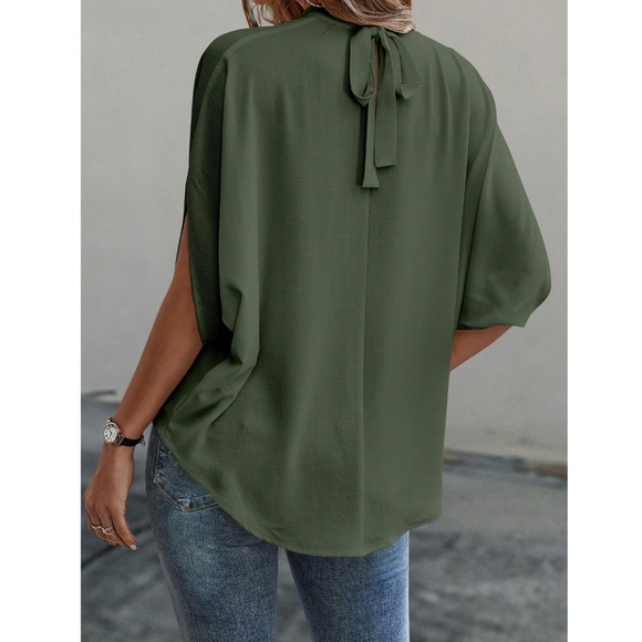 Army Green Blouse Top Flowy, High Neck - Picture 4 of 11